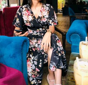 Floral Print Midi Wrap Dress