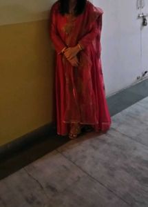 Red Embroidered  Gown With Dopatta