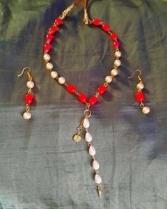 Red Beads And Pearl Set.