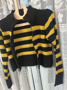 Striped Zip-Up Knit Cardigan