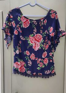 Women's Navy Blue Floral Off shoulder Top