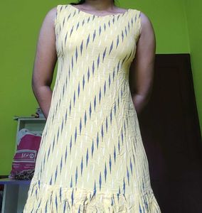 Golden-Yellow Mini Maxi Dress with Blue Stripes –