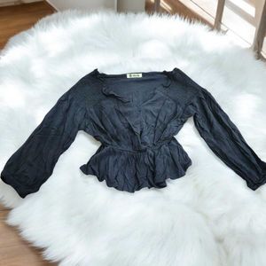 Navy Blue Smocked Peplum Top for Women