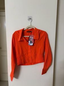 Orange Smocked Back Crop Shirt Top