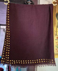 Luxury Brown Woolen Shawl with Gold Embellishments