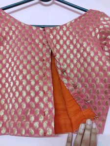 Beautiful Boat Neck Pink And Gold Saree Blouse