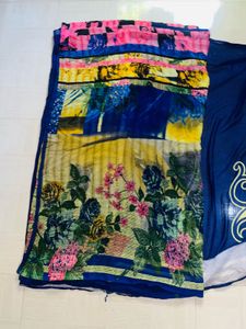 Elegant Blue Saree with Floral Design