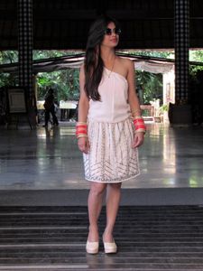 One Shoulder Peach Color Embroidered Dress