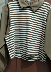 Trendy Brown &amp; White Striped Collared Top – Long S