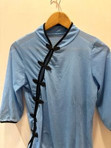 Beautiful Blue Mandarin Collar Mesh Top