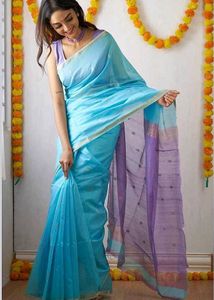 elegance Sky Blue & Purple Cotton Saree