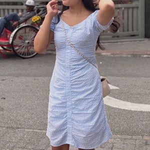 Blue Gingham Ruched Dress