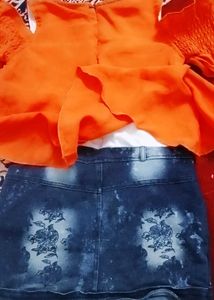 Cute Orange Top &amp; Denim Skirt Set
