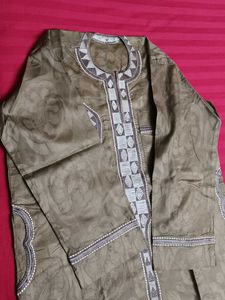 Women Beige Embroidered Silk Straight Kurta