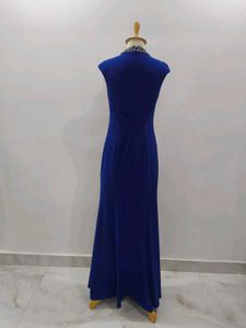 Elegant Blue Maxi Gown with Embellished Neckline