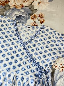 White &amp; Blue Printed Wrap Top