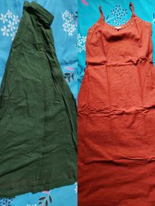 Red A-line kurti with green palazo pant Set.