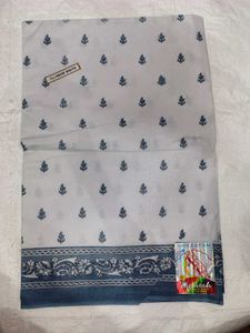 Pure Cotton Saree Fabric - White & Blue Leaf Print