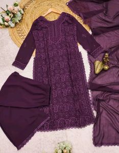 Chikenkari Embroidery Work Kurta Set With Plazo&Du