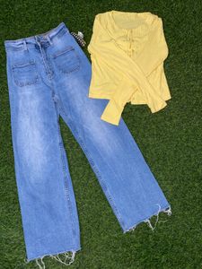 Wide Leg Jeans & Yellow Shrug Top Set