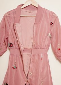 Pink Embroidered Bomber Jacket Dress