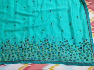 Flower Embroidery Green Saree