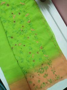 Lime Green &amp; Peach Embroidered Saree