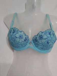 Blue Floral Embroidered Bra