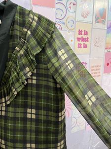 Green Checked Flared Sleeve Top