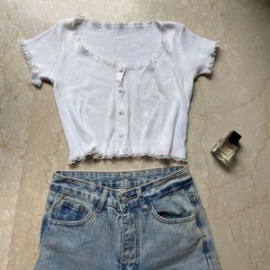 Ribbed Lace Trim Button-Up Top