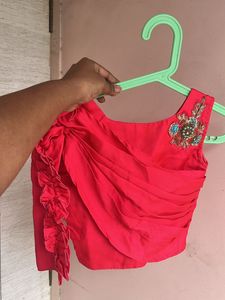 Red Asymmetrical Blouse with Embellishments
