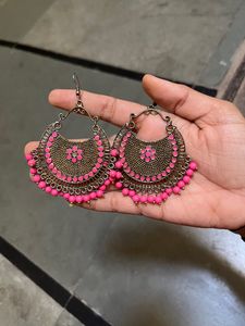Pink Hoop Earrings And Oxidised Mirror Earrings