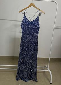 Backless Blue Sequins Strap Slit Midi Dress