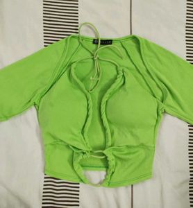 Imicoco Neon Green Ribbed Tie Up Crop Top