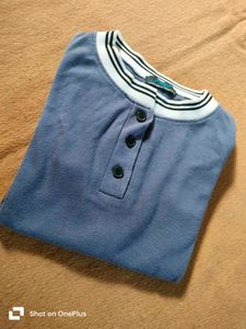 Blue Henley T-Shirt with Striped Trim