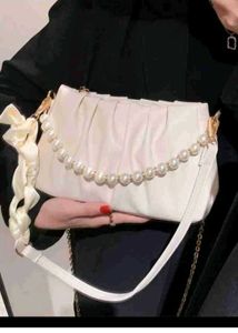 Pearl Handle White Ruched Bag
