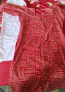 Red Printed Kurti With White Pant
