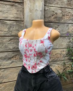 Corset Illusion Fitted Bustier Pink White Rose Top