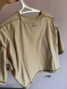 Cropped Beige Tee with Raw Hem