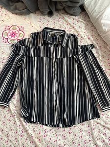 Black And White Striped Cold Shoulder Shirt
