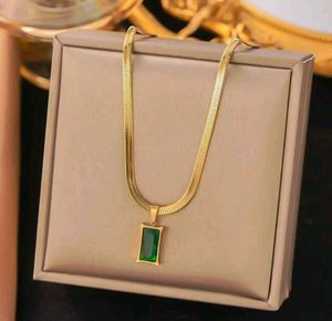 Gold Herringbone Chain Necklace with Green Gem