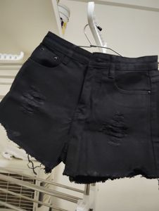 Distressed Black Denim Shorts