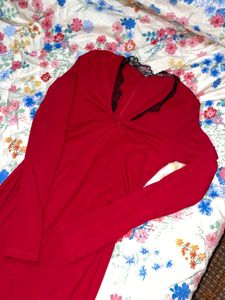 Red Lace Trim Long Sleeve Top