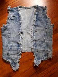 Frayed Edges Cropped Denim Vest, Girls Denim Jacket, Sleevless Denim Jacket For Women
