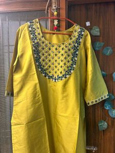 Mustard Embroidered Kurti with Dupatta