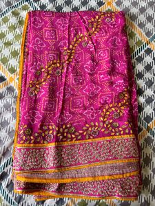 Pink Bandhani Saree With Gota Patti Work