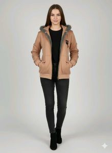 Faux Fur Trim short Hoodie in tan color
