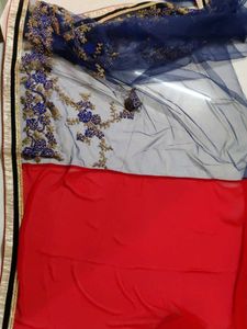 Embroidered Navy Blue And Red Net Saree 💙❤️