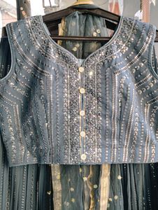 Grey lehenga with intricate threadwork