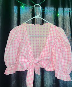Pink Gingham Tie-Front Crop Top